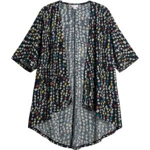 LuLaRoe Joy Vest Small Navy Blue Multicolor Geometric Diamond Fuzzy Knit Duster